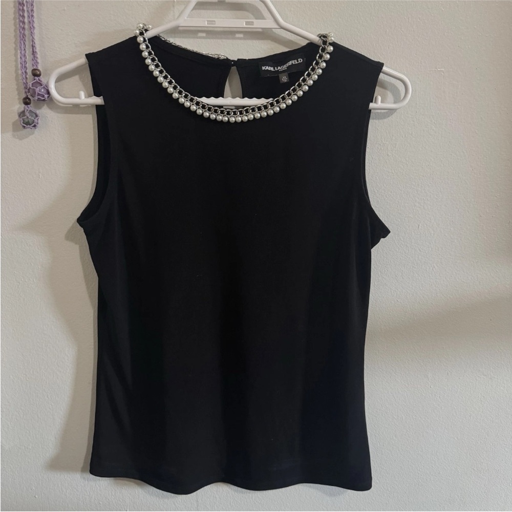 Feminine Halter Peal Beaded Neckline Tank Top Classic Black Flowy XS Minimalist - Picture 2 of 7